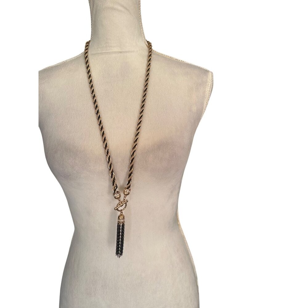 Gold & Black Rope Statement Necklace With Rhinestone Accents & Tassel Boho Chic